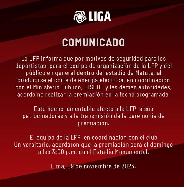 Publicación sobre la premiación de Universitario. Foto: Liga de Fútbol Profesional/X   