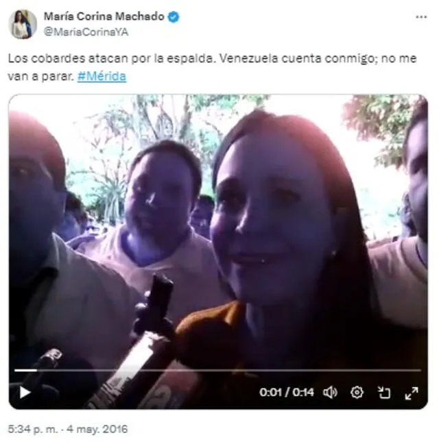  Este ataque a María Corina Machado fue divulgado el 4 de mayo de 2016. Foto: captura en X / María Corina Machado.&nbsp;<br>   