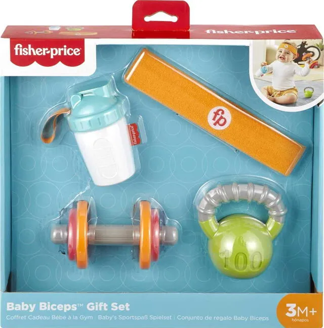 El juguete de mancuerna dentro del pack de regalo Baby Bíceps se dejó de vender por poner en riesgo la salud de los niño. Foto: Fisher - Price.   