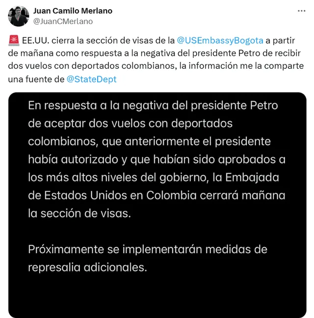 El periodista Juan Camilo Merlano, corresponsal en EE. UU., citó fuentes cercanas al Departamento de Estado, confirmando la suspensión del servicio de visados. Foto: @JuanCMerlano   