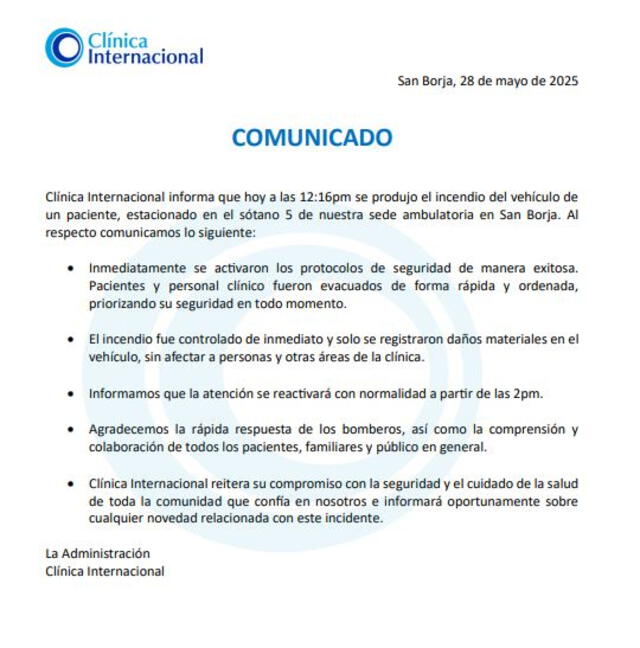 Comunicado de Clínica internacional
