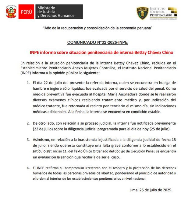  Comunicado del INPE sobre la salud de la exministra Betssy Chávez. Foto: difusión   