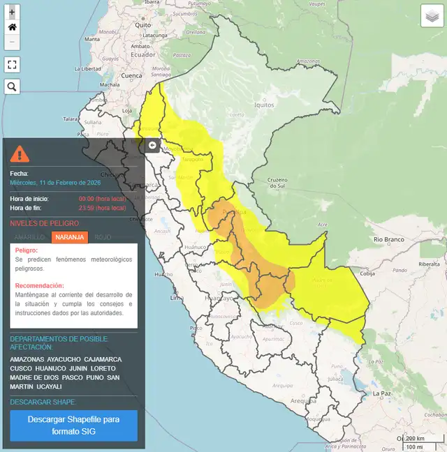 Regiones que se verán afectadas por lluvias en la selva peruana. Foto: Senamhi   