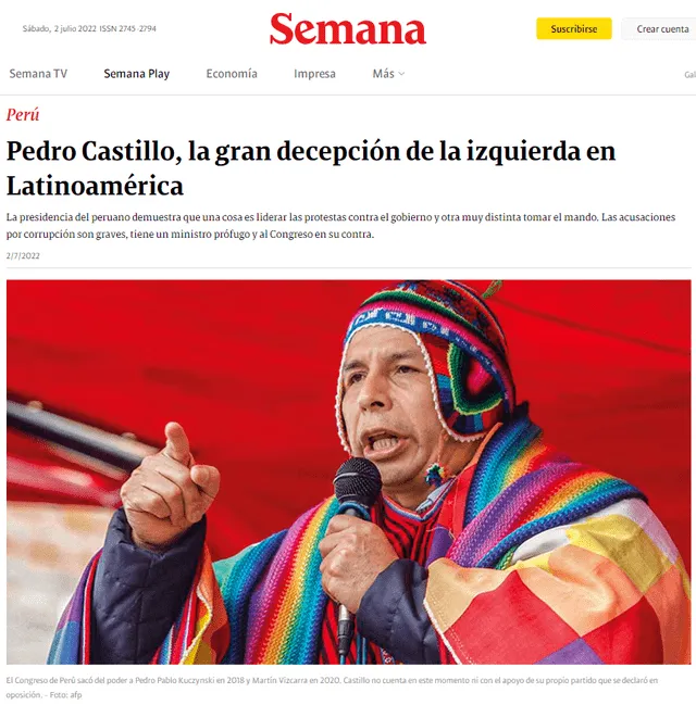 “Pedro Castillo, la gran decepción de la izquierda en Latinoamérica”, así tituló Revista Semana