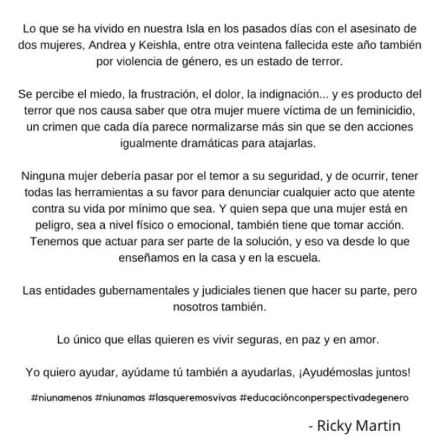 Comunicado de Ricky Martin Foto: Twitter