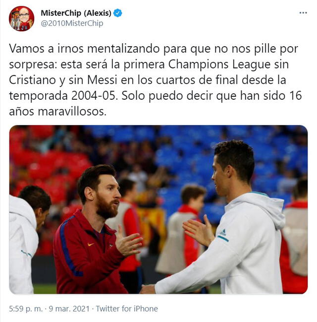 Lionel Messi y Cristiano Ronaldo no estarán en cuartos de final de Champions League. Foto: captura twitter @2010MisterChip