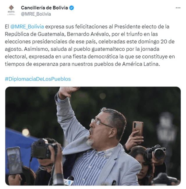 El Gobierno de Luis Arce reconoció la victoria de Arévalo y felicitó al pueblo guatemalteco por su participación en la jornada electoral. Foto: Cancillería de Bolivia/Twitter