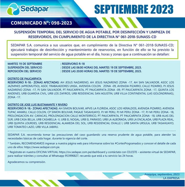  Suspensión del servicio de agua potable en Arequipa, martes 19 de septiembre. Foto: Sedapar   