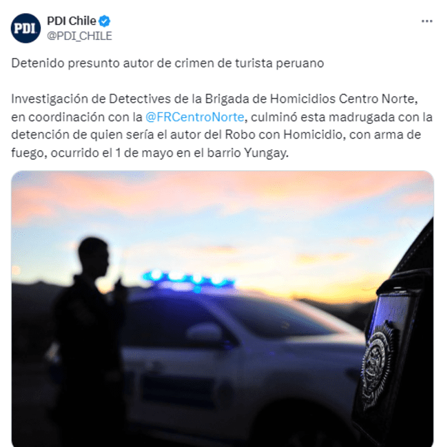 Policía de Investigaciones de Chile confirmó la noticia de que se llegó a detener al homicida del turista peruano. Foto: PDI Chile.   