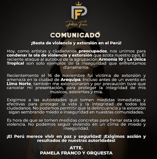 Pamela Franco compartió este comunicado en sus redes sociales. Foto: Instagram.   