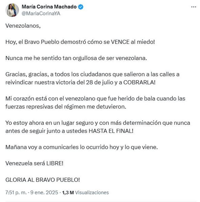 Machado, tras ser liberada, agradece a los ciudadanos que salieron a las calles para "reivindicar la victoria del 28 de julio". Foto: captura X   