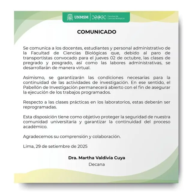 Facultad de Ciencias Biológicas de la San Marcos suspende clases presenciales. Facultad de Ciencias Biológicas de la San Marcos suspende clases presenciales.