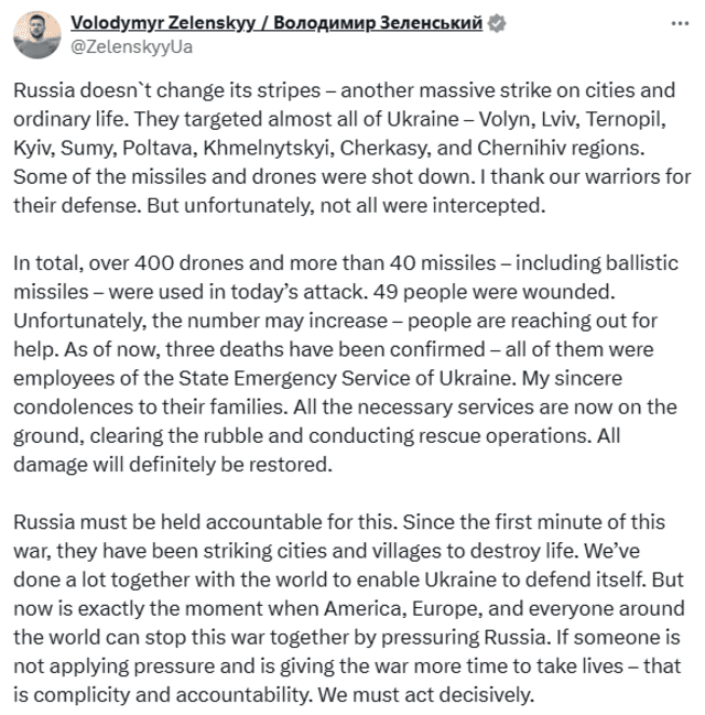 Ukrainian President Volodymyr Zelensky commented on a message about Russian drone and ballistic missile attacks on Ukrainian territory on his X account. Photo: Volodymyr Zelenskyy X account Ukrainian President Volodymyr Zelensky commented on a message about Russian drone and ballistic missile attacks on Ukrainian territory on his X account. Photo: Volodymyr Zelenskyy X account