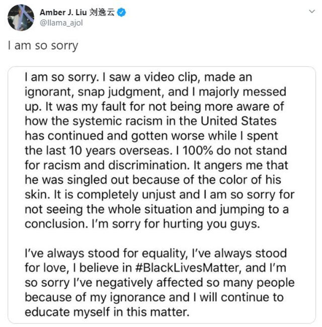 Amber se disculpa en su cuenta de Twitter.
