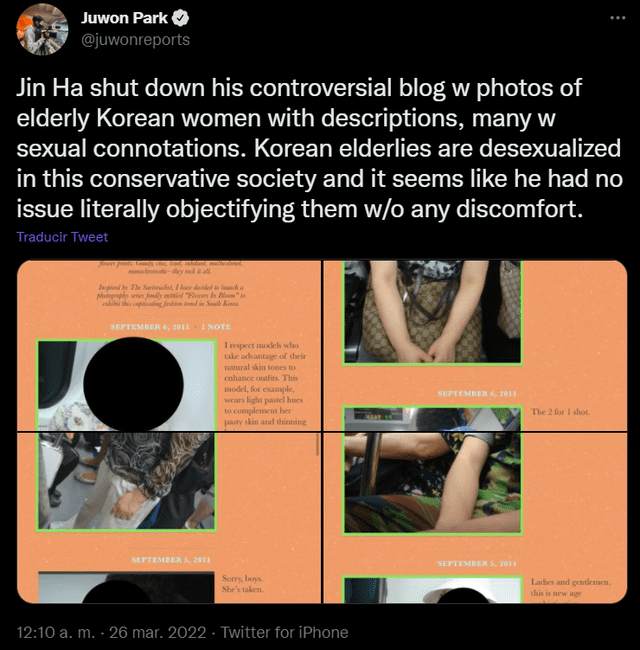 Publicación de Juwon Park sobre las imágenes a las mujeres por parte de Jin Ha. Foto: captura Twitter