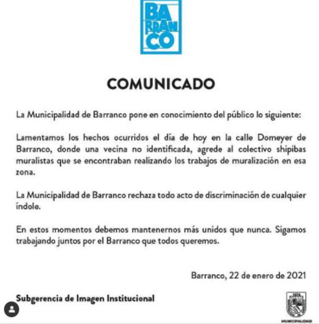 Municipalidad de Barranco emitió comunicado. Foto: Instagram - Municipalidad de Barranco