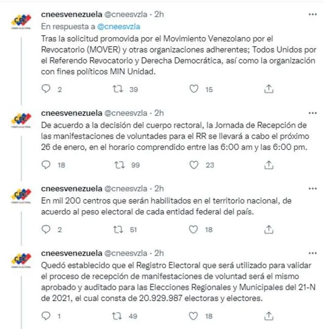 Tuits del CNE sobre el Referéndum Revocatorio contra Nicolás Maduro. Foto: captura Twitter