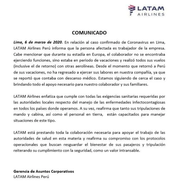 Comunicado de Latam.