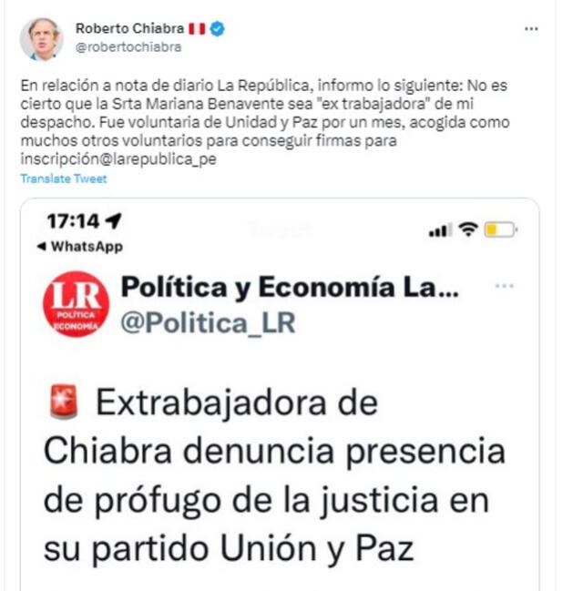 Roberto Chiabra se pronunció a través de su cuenta de Twitter. 