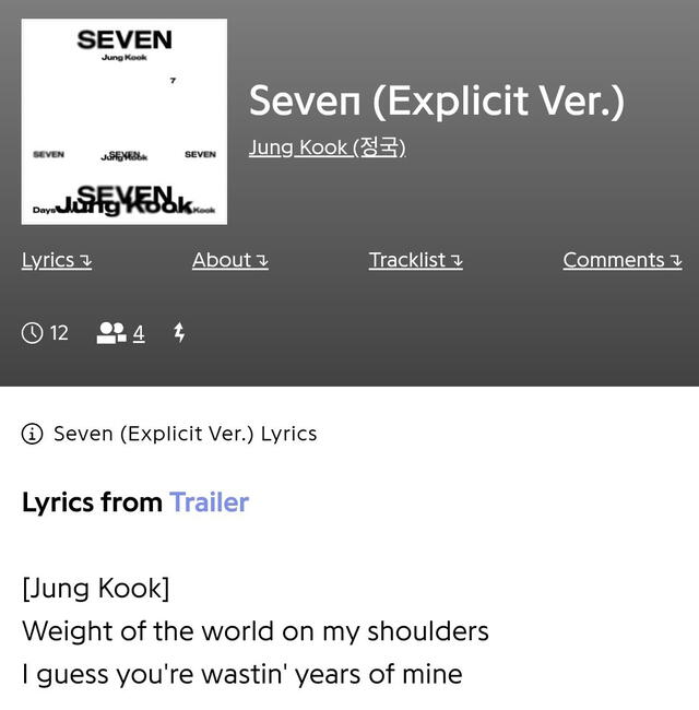 Letra de "SEVEN" (explicit ver.) de Jung Kook. Foto: Genius   