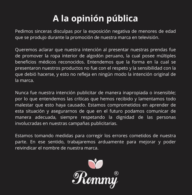 La marca Rommy acepta su error y asegura que trabajarán "para mejorar y reinvindicar" el nombre de su marca. Foto: Instagram   