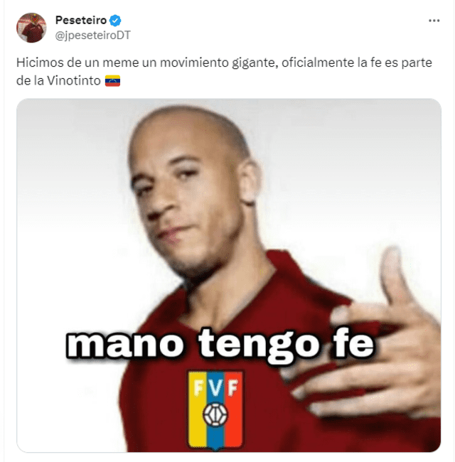 Lo que inició como un meme, hoy es una campaña de aliento a la Vinotinto. Foto: difusión en X/Peseteiro