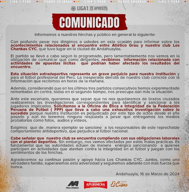 Comunicado emitido por los directivos del club andahuailino. Foto: Los Chankas   