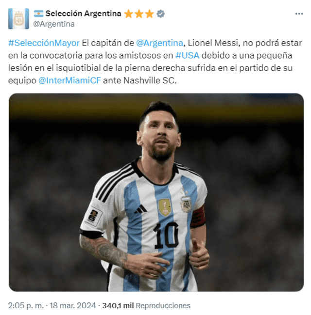 Lionel Messi quedó descartado de la Albiceleste por sus problemas físicos. Foto: captura de selección argentina/X   
