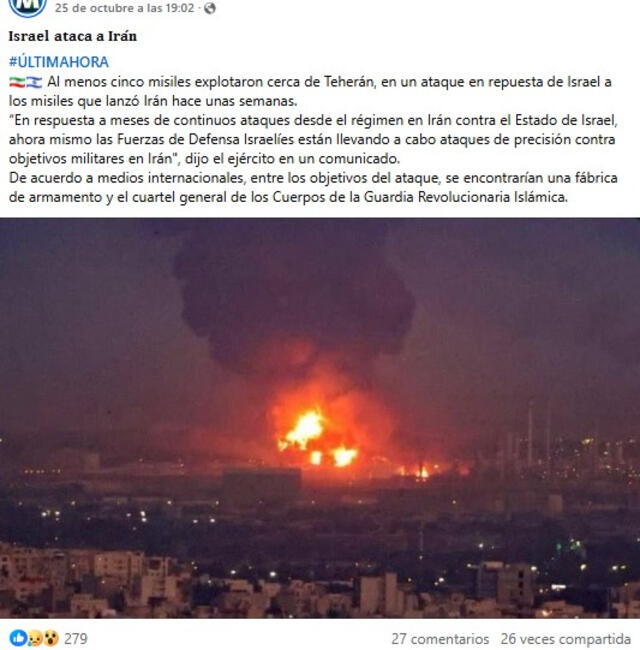  Desinformación sobre el conflicto entre Irán e Israel. Foto: captura en Facebook.&nbsp;<br><br>    