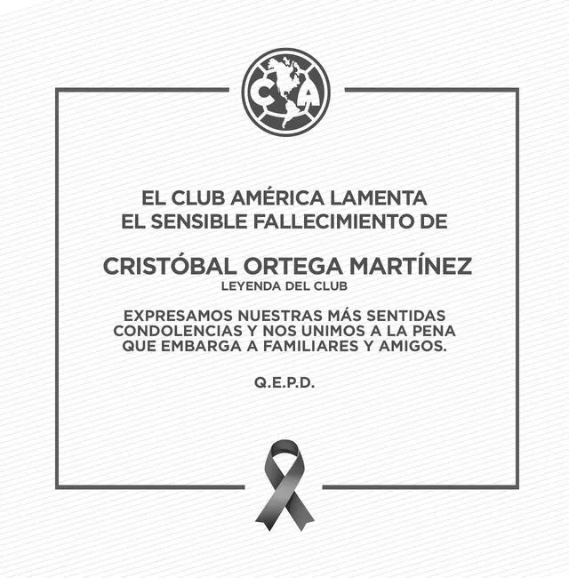  Comunicado del América por la muerte de Cristóbal Ortega. Foto: Club América    