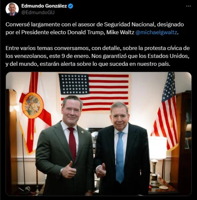 Mensaje del opositor en su visita a Estados Unidos. Foto: X/EdmundoGU    