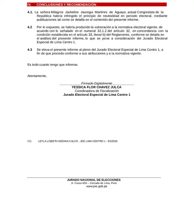  Conclusiones del JEE Lima Centro 1 sobre Milagros Jáuregui   