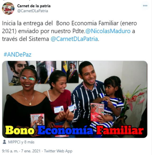 El Bono Economía Familiar es el más reciente confirmado en Venezuela. Foto: captura de Twitter
