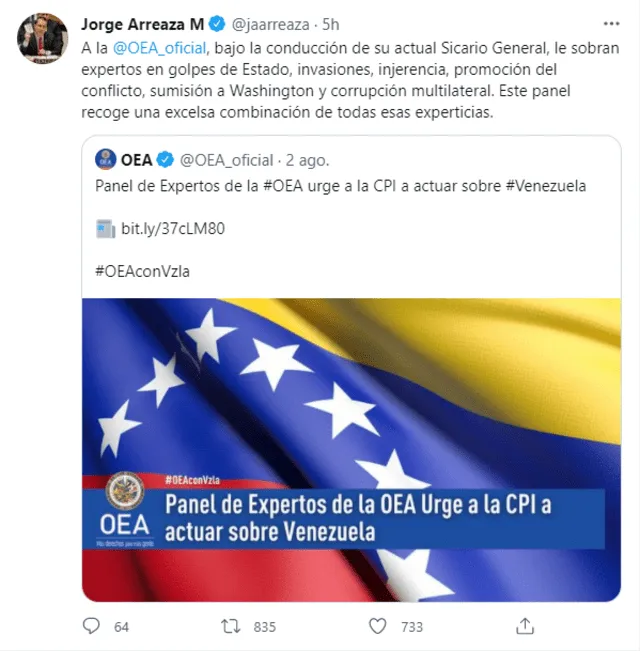 El canciller venezolano calificó al secretario general de la OEA como “sicario general”. Foto: captura de Twitter/@jaarreaza