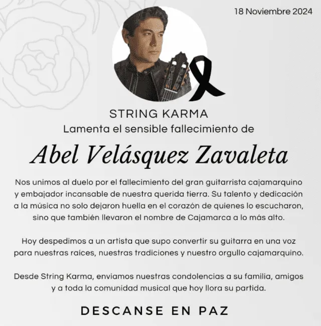 String Karma despide a Abel Velásquez Zavaleta. Foto: String Karma/Instagram   