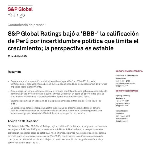  Reporte de S&amp;P Global Ratings de la situación financiera de Perú, mencionado por Javes Pertuz | Fuente: S&amp;P    