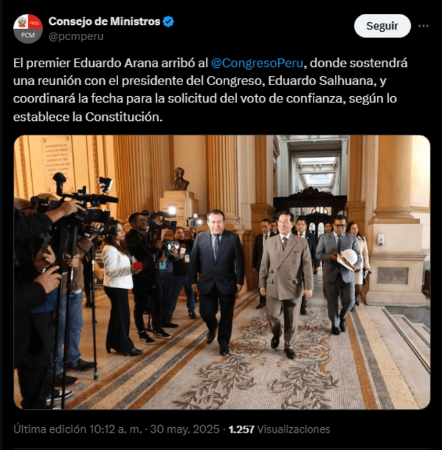<br>Tweet que anuncia coordinación de la fecha para solicitar voto de confianza. Foto: X <br>Tweet que anuncia coordinación de la fecha para solicitar voto de confianza. Foto: X