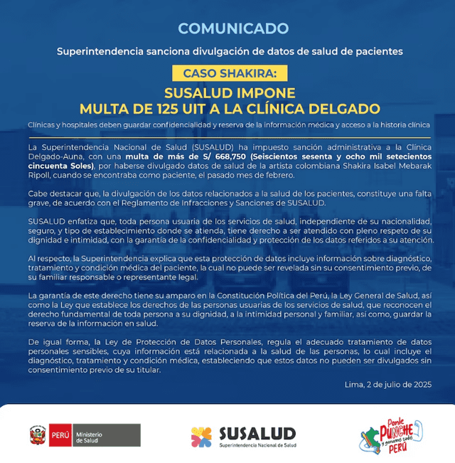 Comunicado de SUSALUD sobre el caso Shakira. Foto: Minsa   