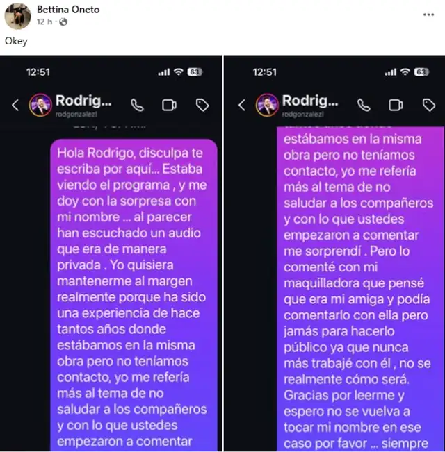 Bettina Oneto revela mensaje enviado a 'Peluchín'. Foto: captura Facebook Bettina Oneto revela mensaje enviado a 'Peluchín'. Foto: captura Facebook