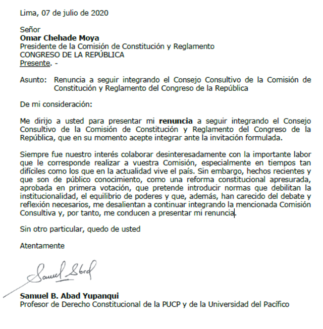 Carta de renuncia del constitucionalista Samuel Abad.