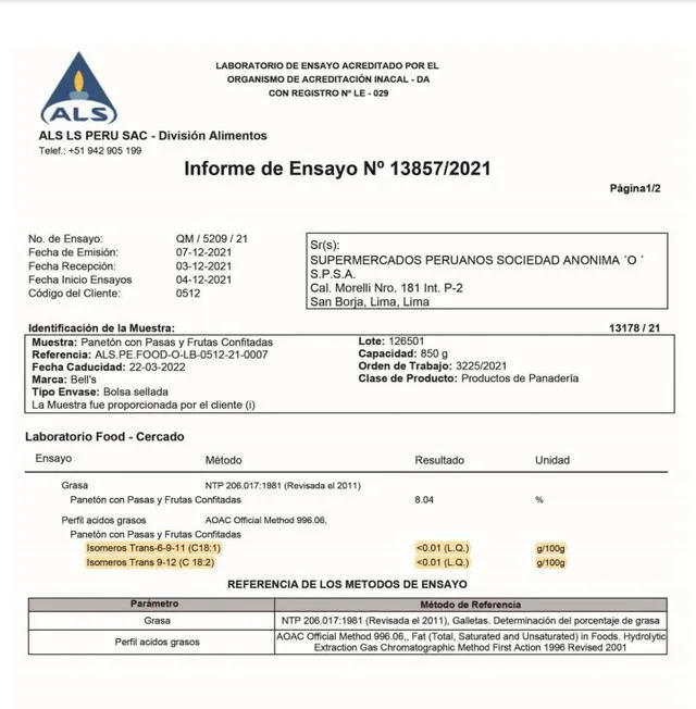 Ficha del estudio de Bells por ALS LS PERU. Foto: Supermercados Peruanos