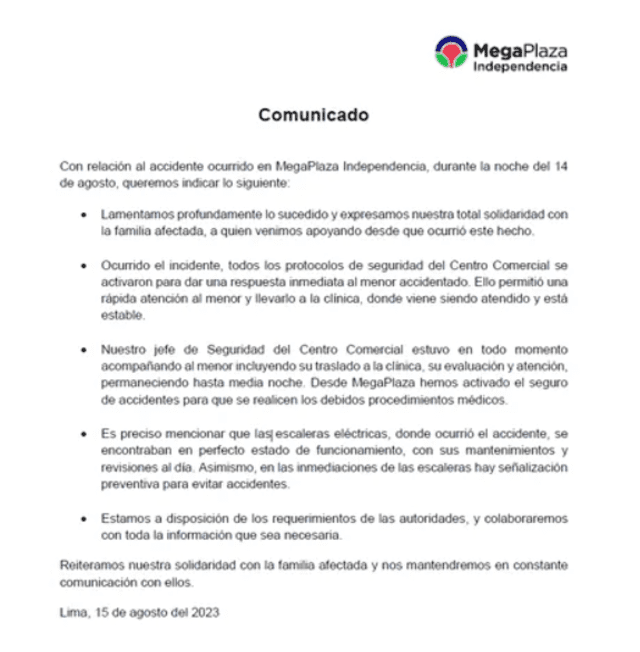 Comunicado de Megaplaza. Foto: Megaplaza 