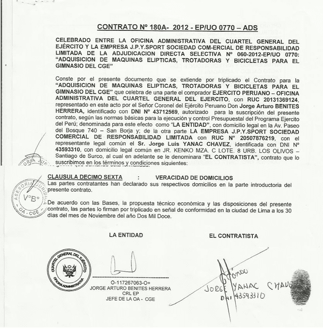 Contrato que evidencia que general Jorge Yánac Chávez era proveedor del Estado.    