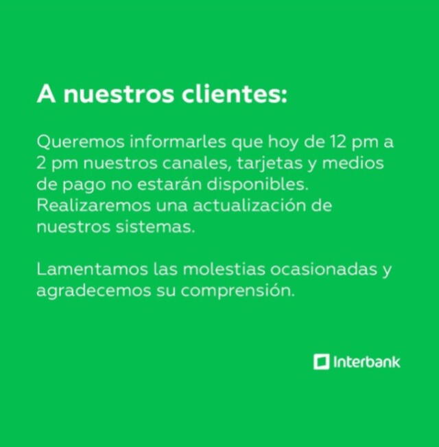  Interbank anuncia suspensión de sus servicios por 2 horas. Foto: Interbank   