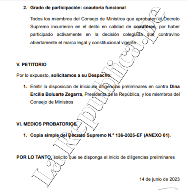 Denuncia presentada contra Dina Boluarte y sus ministros Denuncia presentada contra Dina Boluarte y sus ministros