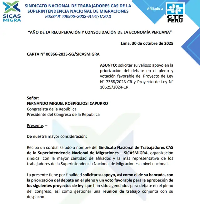 Carta a Fernando Rospigliosi. Créditos: Sicasmigra