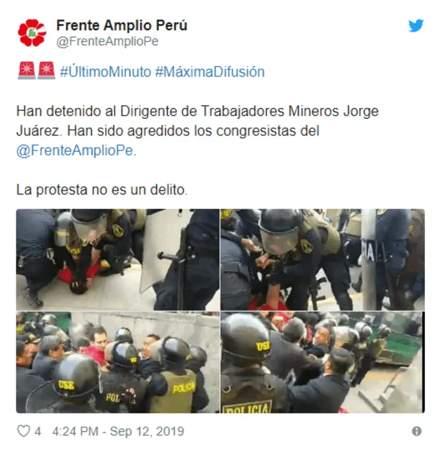 Frente Amplio reportó disturbios en huelga de mineros.