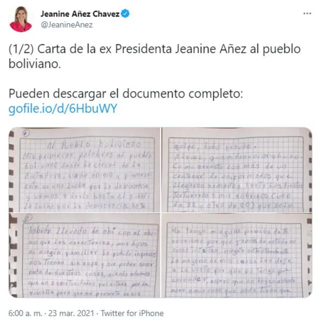 La carta fue publicada por Áñez. Foto: captura de Twitter