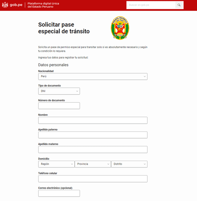 Formulario para solicitar el Permiso de Circulación. (Foto: Portal del Gobierno peruano)