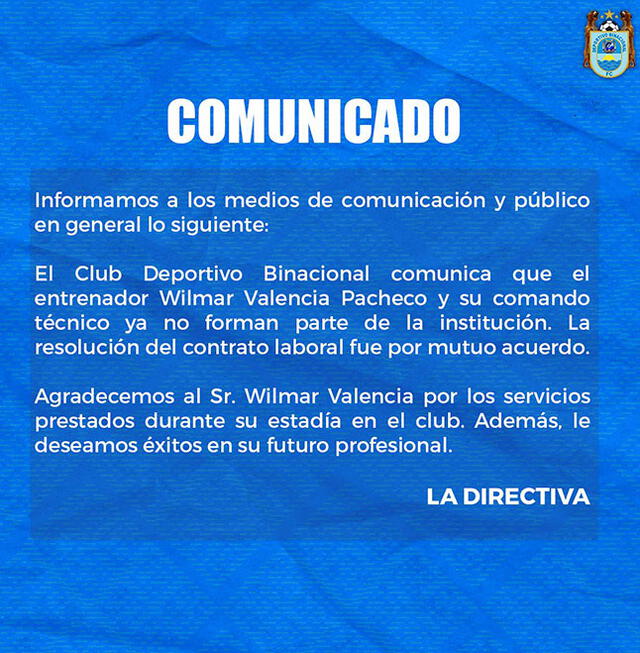 Así informó Binacional la salida de Wilmar Valencia. Foto: Deportivo Binacional/Twitter   